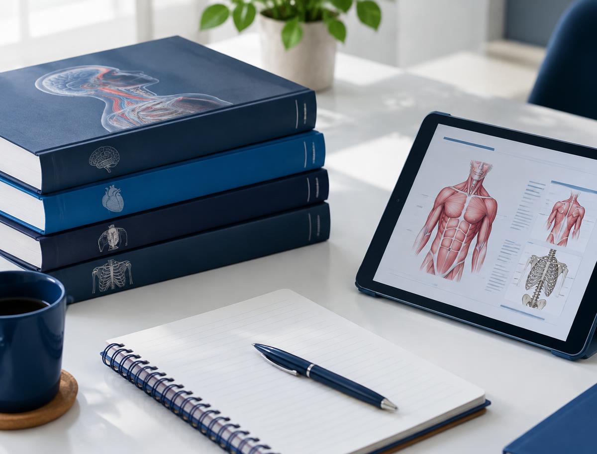 Medical textbooks and a tablet showing an anatomy page